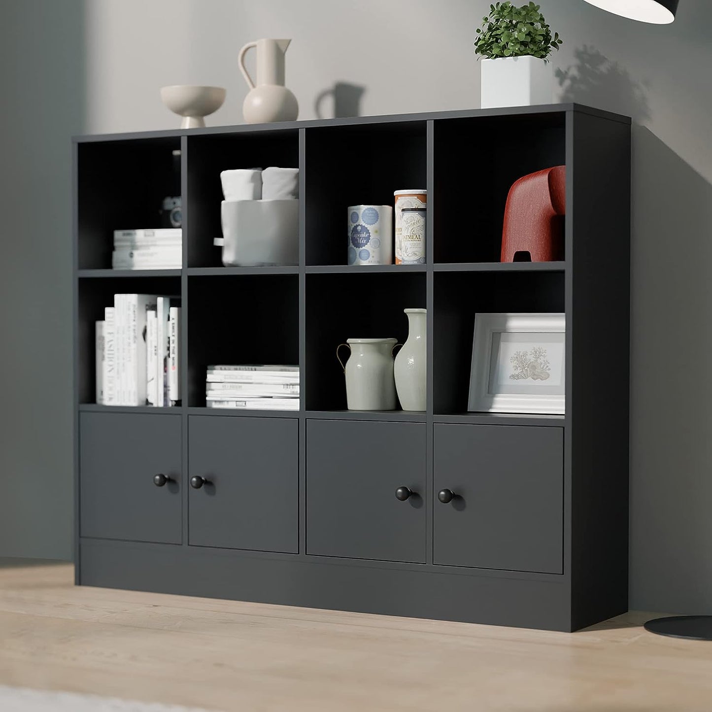 Bookshelf with 12 Cubes and 4 Doors, 2-Tier Open Shelf Bookcase with Anti-Tilt Device for Bedroom, Living Room