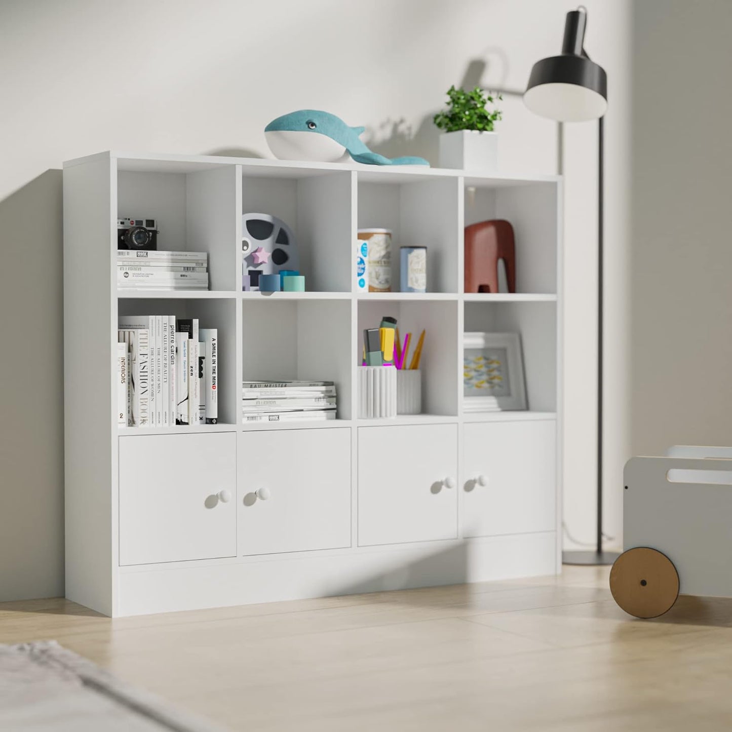 Bookshelf with 12 Cubes and 4 Doors, 2-Tier Open Shelf Bookcase with Anti-Tilt Device for Bedroom, Living Room