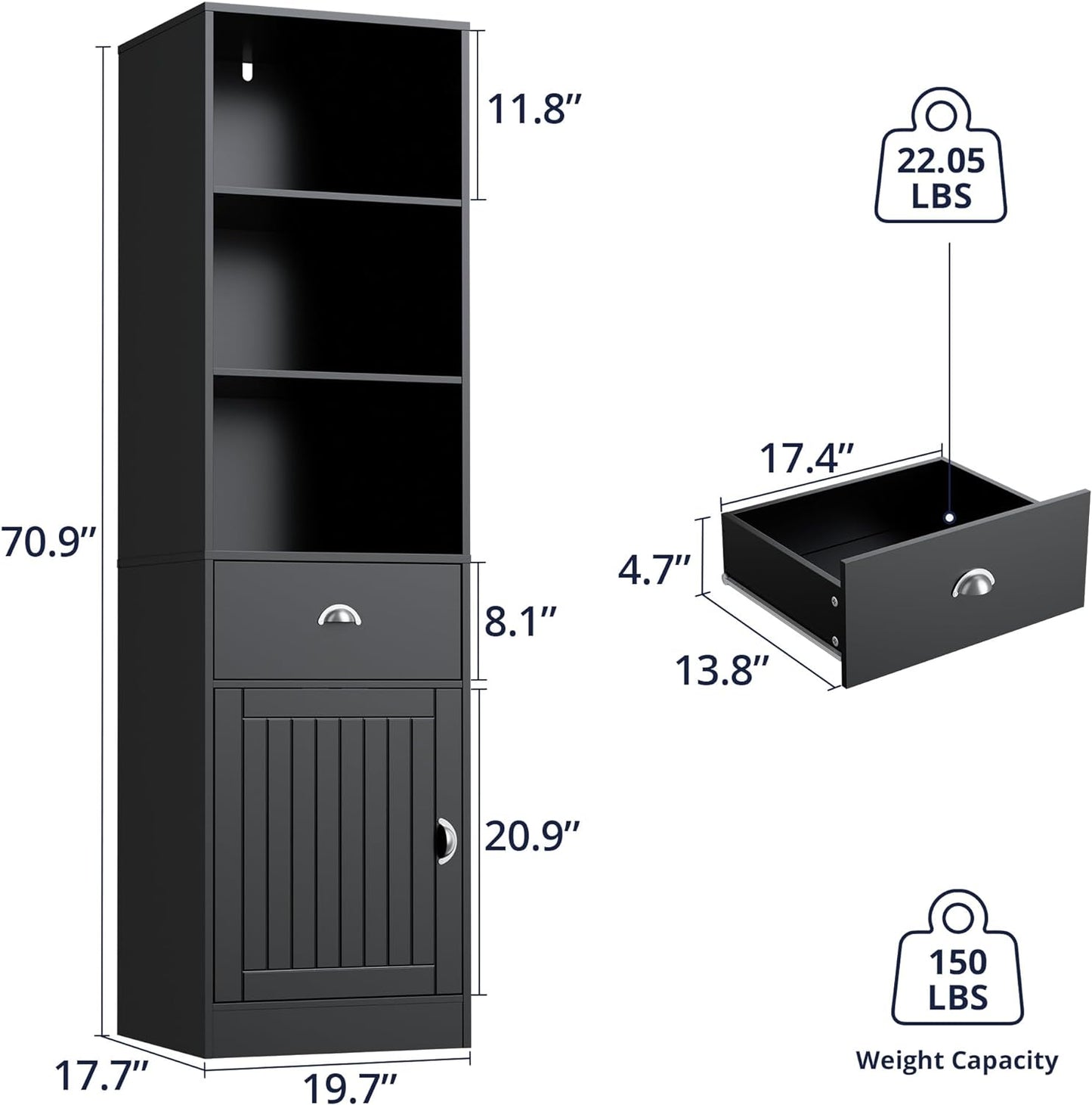 Bookshelf with Door and Drawer, 3 Shelf Bookcase, 3-Tier Freestanding Tall Bookcase, Display Shelf with Cabinet, Narrow Bookshelf for Bedroom, Living Room, Office