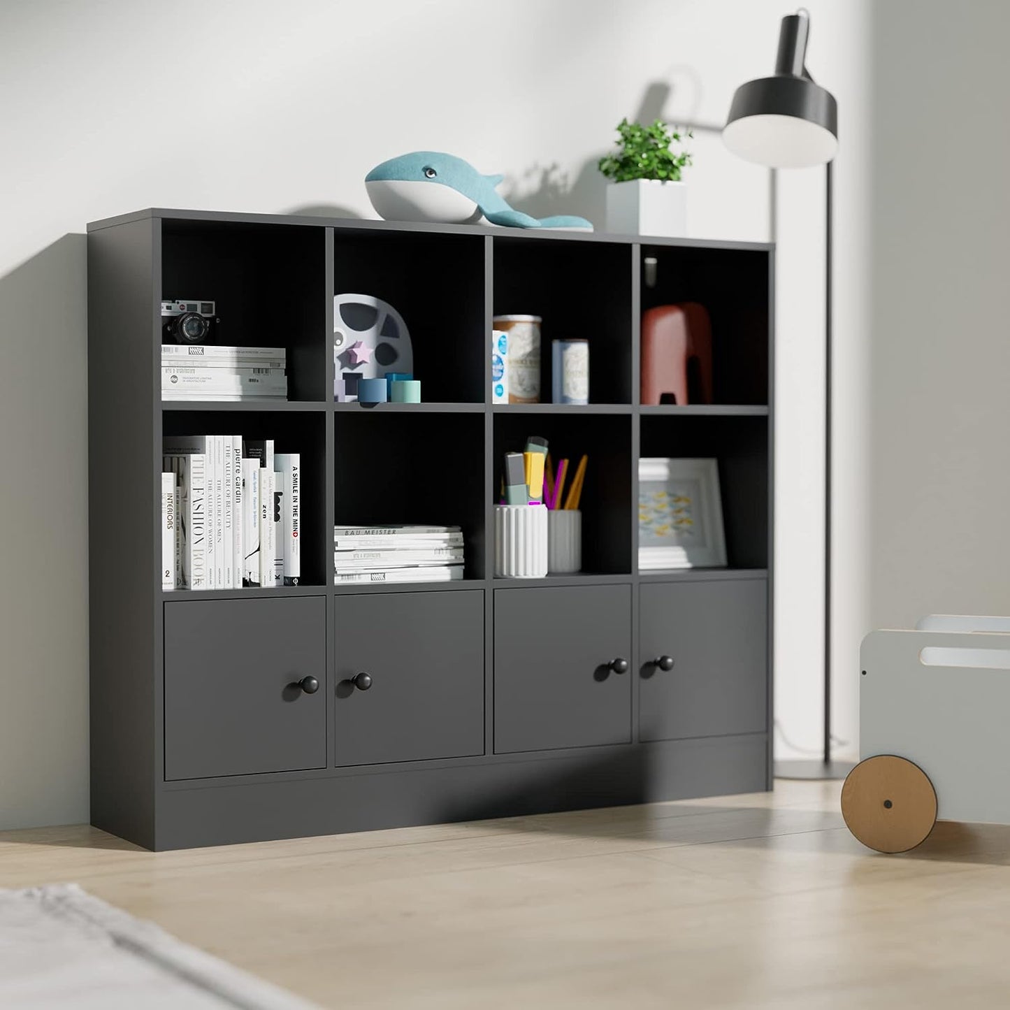 Bookshelf with 12 Cubes and 4 Doors, 2-Tier Open Shelf Bookcase with Anti-Tilt Device for Bedroom, Living Room