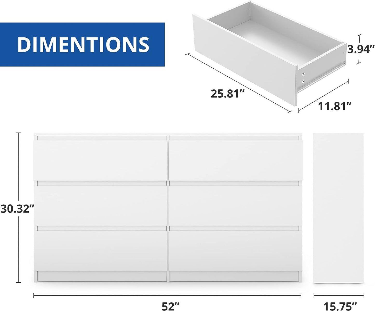 Cozy Castle 6 Drawer Dresser, Accent Chests of Drawers with Double Anti-Tilt Devices