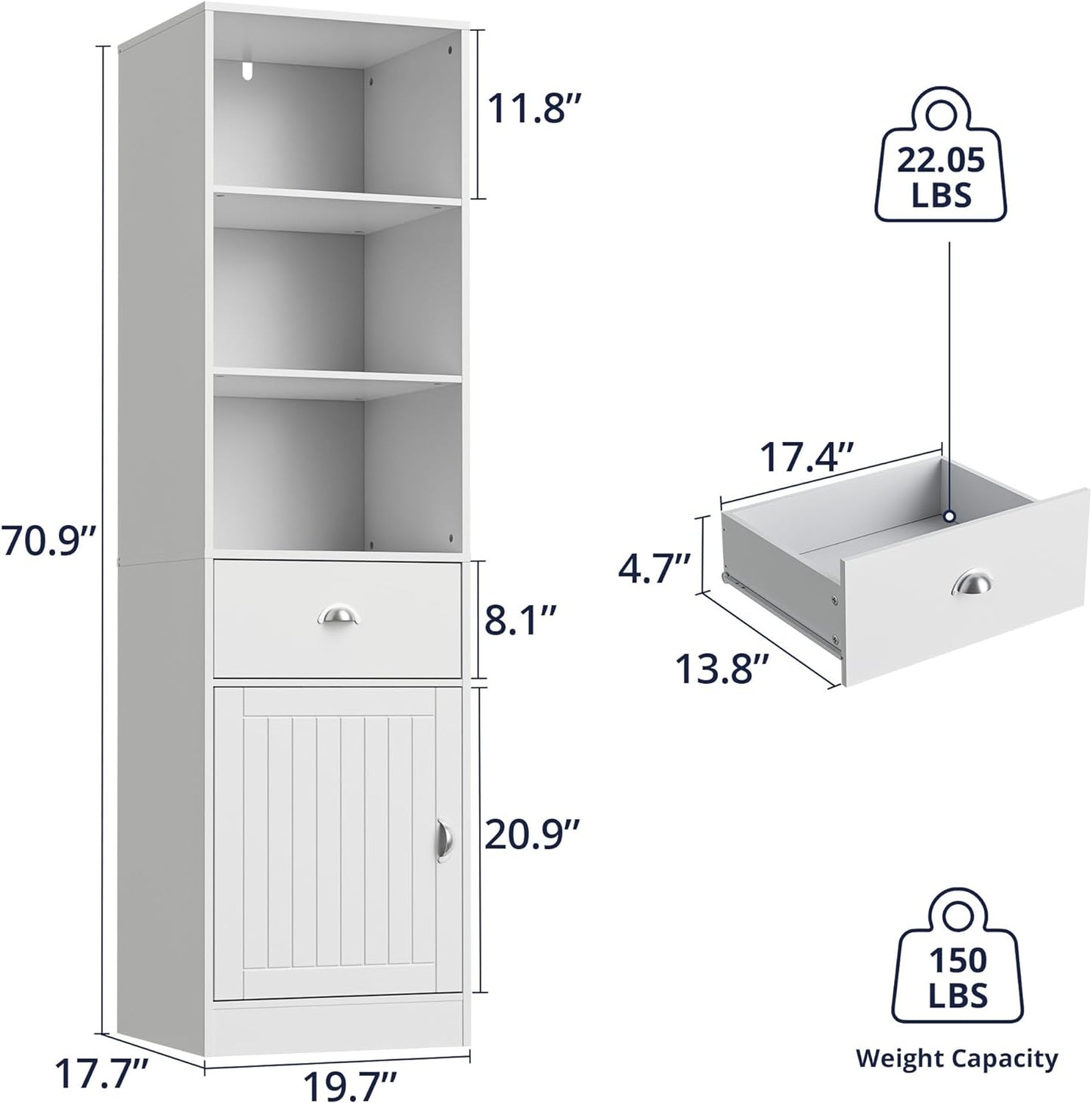Bookshelf with Door and Drawer, 3 Shelf Bookcase, 3-Tier Freestanding Tall Bookcase, Display Shelf with Cabinet, Narrow Bookshelf for Bedroom, Living Room, Office
