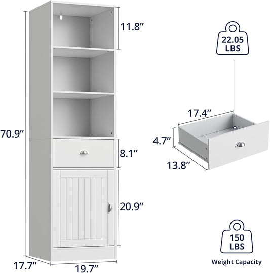 Bookshelf with Door and Drawer, 3 Shelf Bookcase, 3-Tier Freestanding Tall Bookcase, Display Shelf with Cabinet, Narrow Bookshelf for Bedroom, Living Room, Office