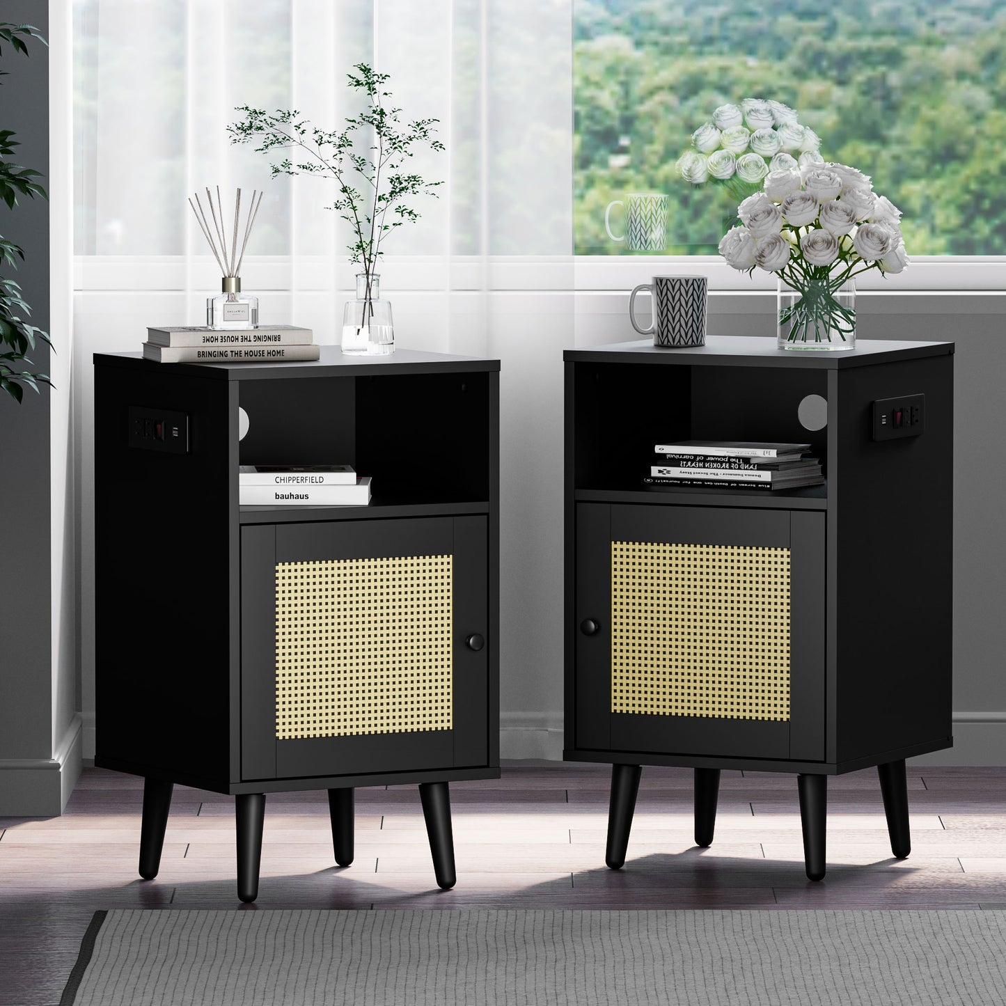 Rattan Nightstand Set of 2 with Charging Station