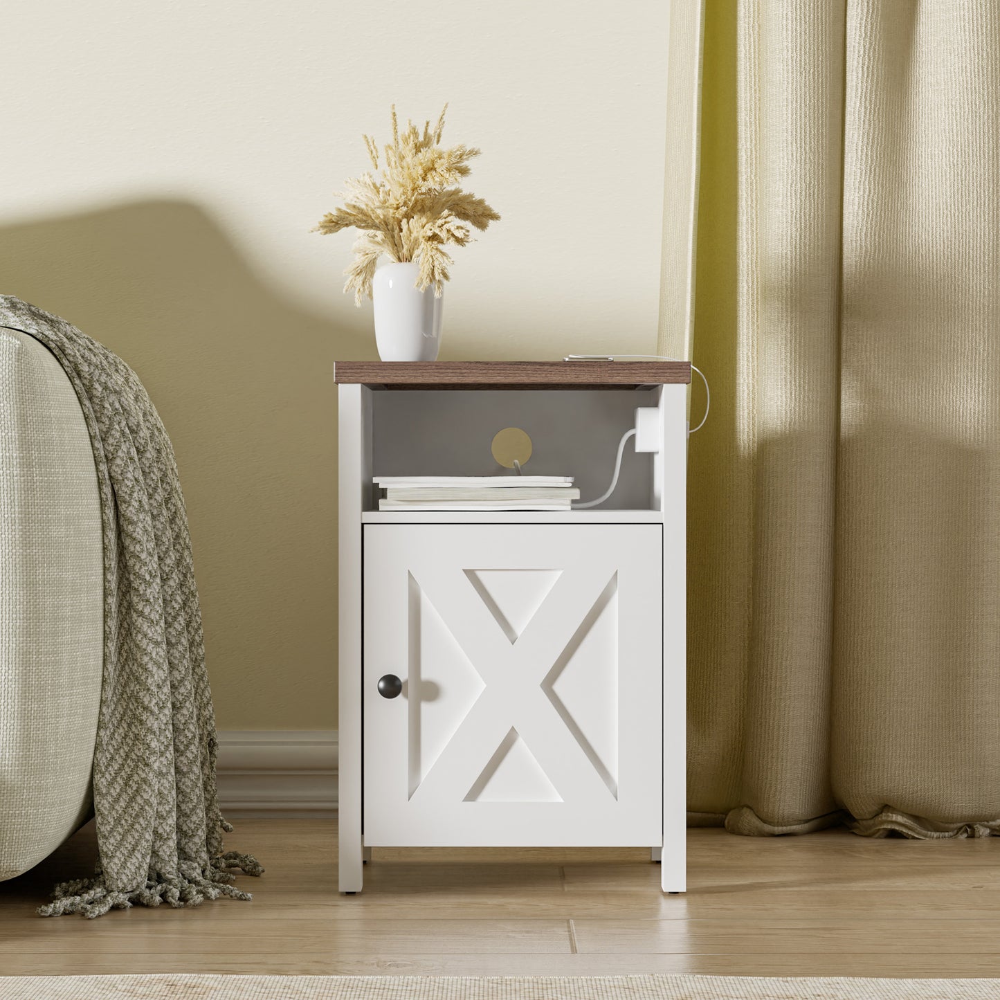 Cozy Castle Farmhouse Nightstands Set of 2 with Charging Station, White