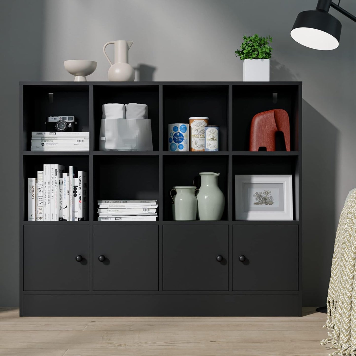 Bookshelf with 12 Cubes and 4 Doors, 2-Tier Open Shelf Bookcase with Anti-Tilt Device for Bedroom, Living Room