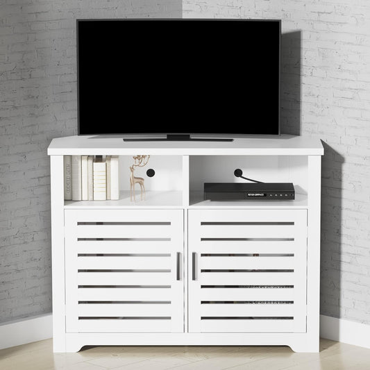White Corner TV Stand for 50 Inch TV with Anti-Tilt Design