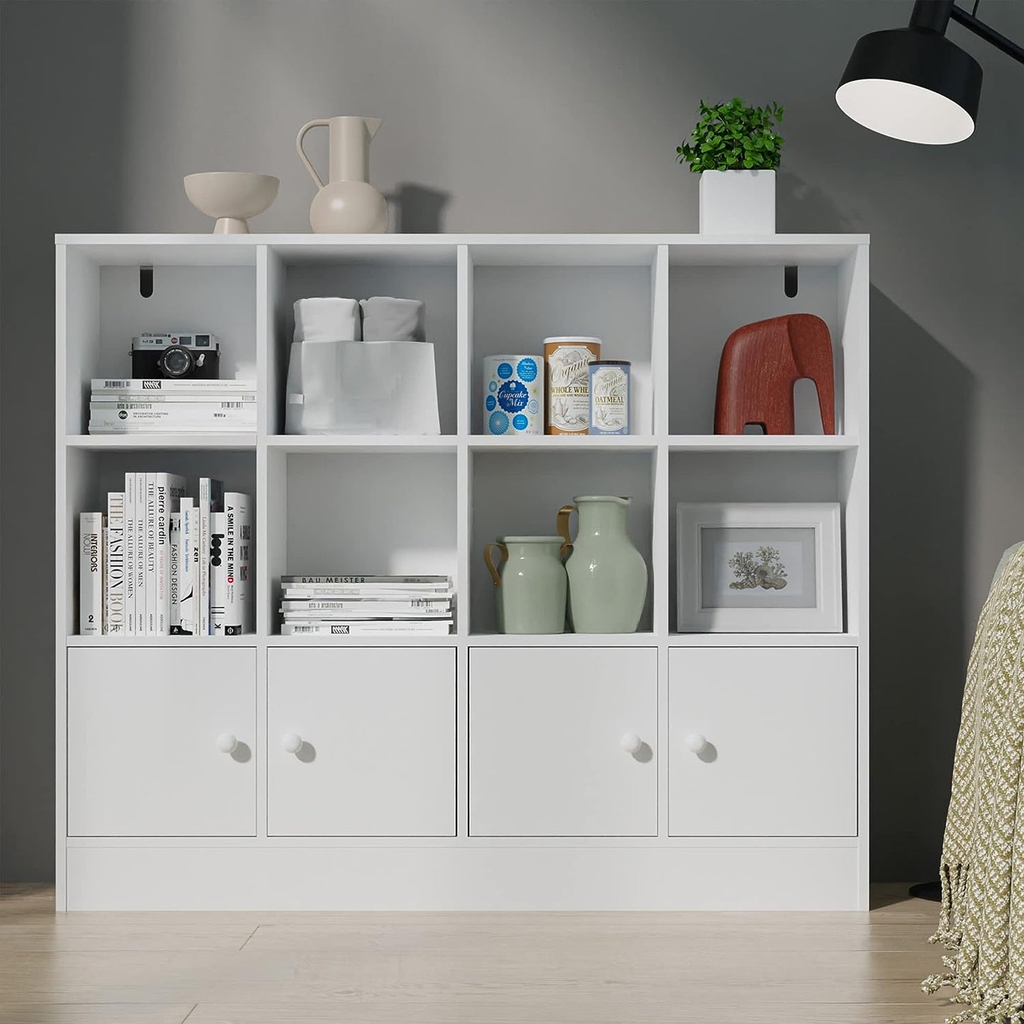 Bookshelf with 12 Cubes and 4 Doors, 2-Tier Open Shelf Bookcase with Anti-Tilt Device for Bedroom, Living Room