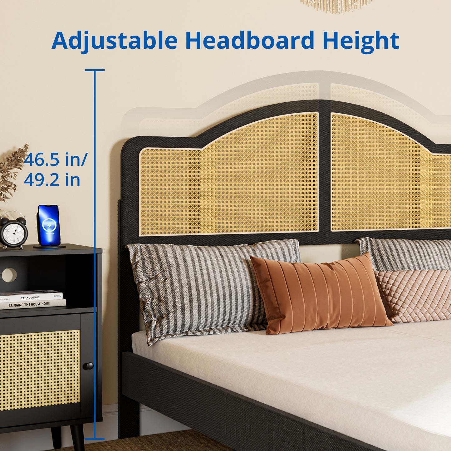 Cozy Castle Wooden Queen Size Bed Frame with Adjustable Rattan headboard, Boho Platform Bed Frame, No Box Spring Needed, Black