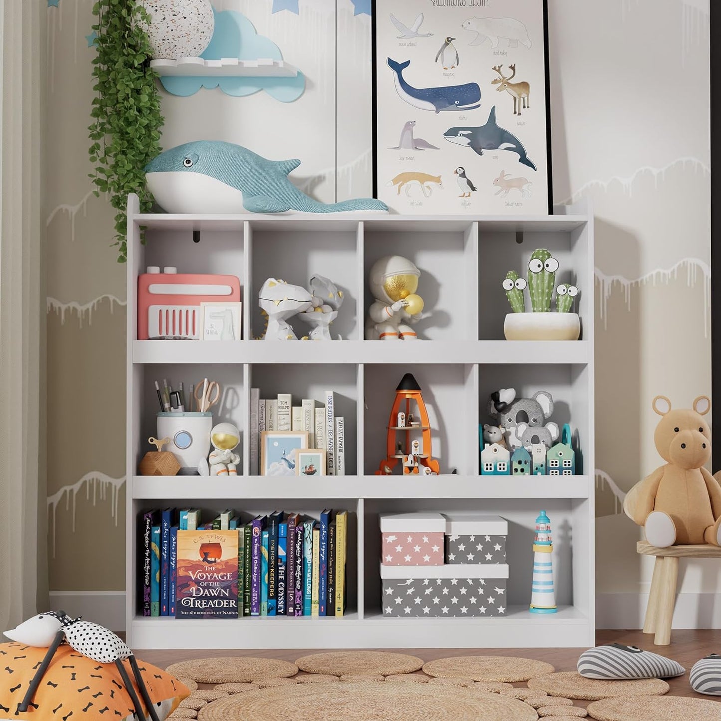 10-Cube Bookcase, 3 Tier Bookshelf, Kids Bookshelf Organizer, Wooden Bookcase with Anti-Tilt Device, Modern Storage Display Cabinet for Kids Room, Bedroom, Living Room