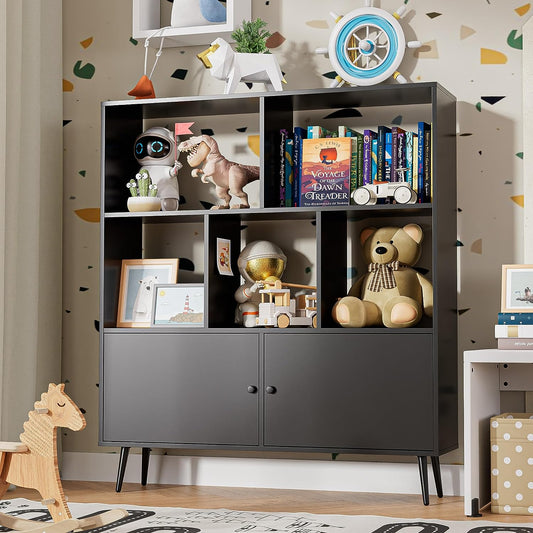 Cube Bookshelf, Mid-Century Modern Bookcase, 3 Tier Bookshelf with Doors, Storage Display Cabinet, Wood Bookshelf Organizer, Bookshelf for Bedroom, Living Room, Office