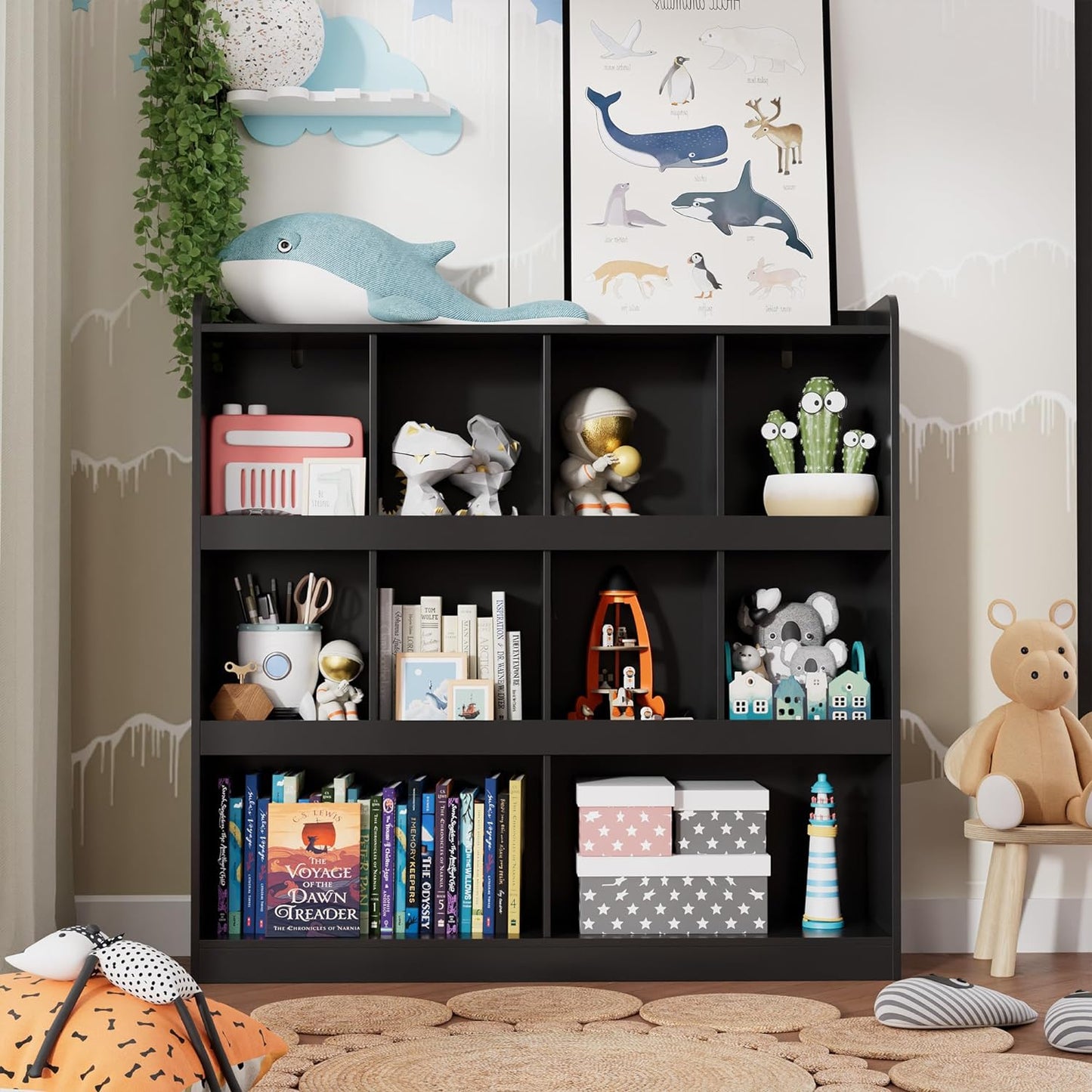 10-Cube Bookcase, 3 Tier Bookshelf, Kids Bookshelf Organizer, Wooden Bookcase with Anti-Tilt Device, Modern Storage Display Cabinet for Kids Room, Bedroom, Living Room