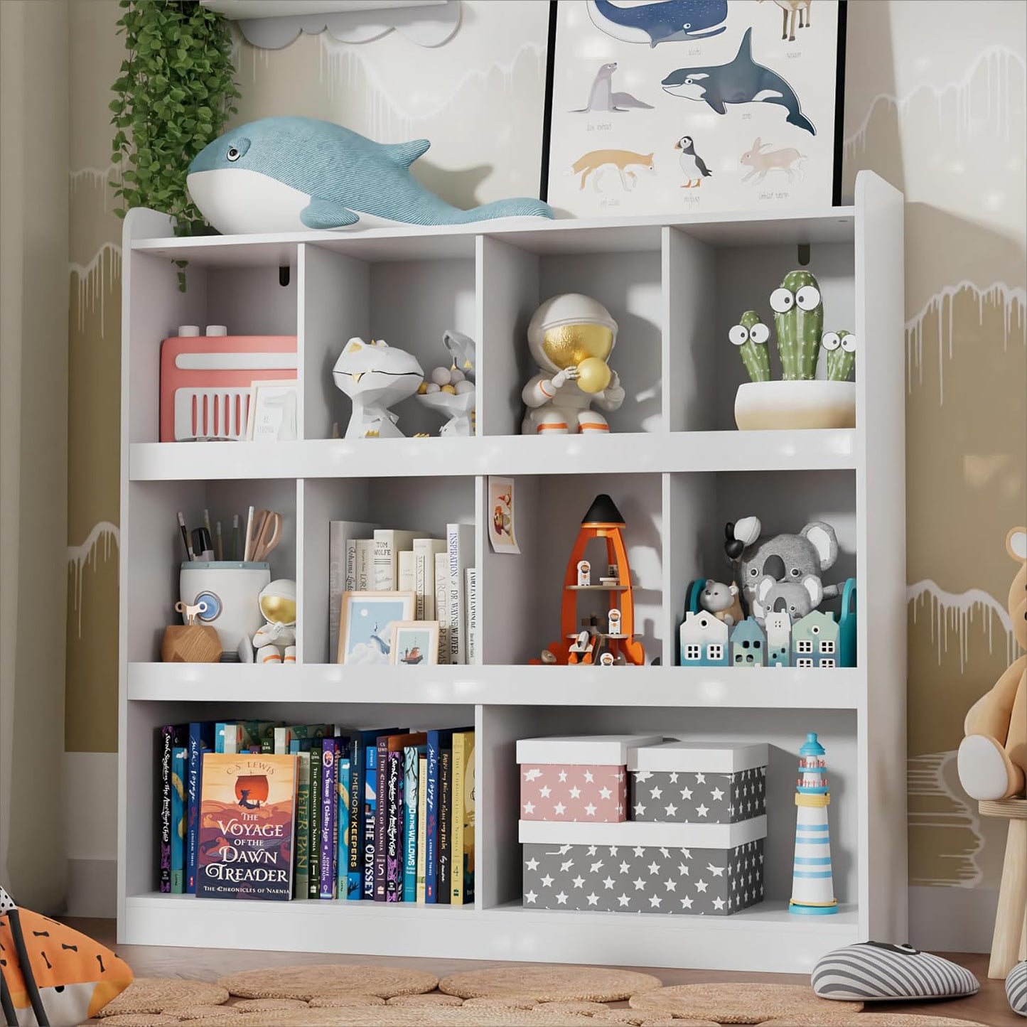 10-Cube Bookcase, 3 Tier Bookshelf, Kids Bookshelf Organizer, Wooden Bookcase with Anti-Tilt Device, Modern Storage Display Cabinet for Kids Room, Bedroom, Living Room