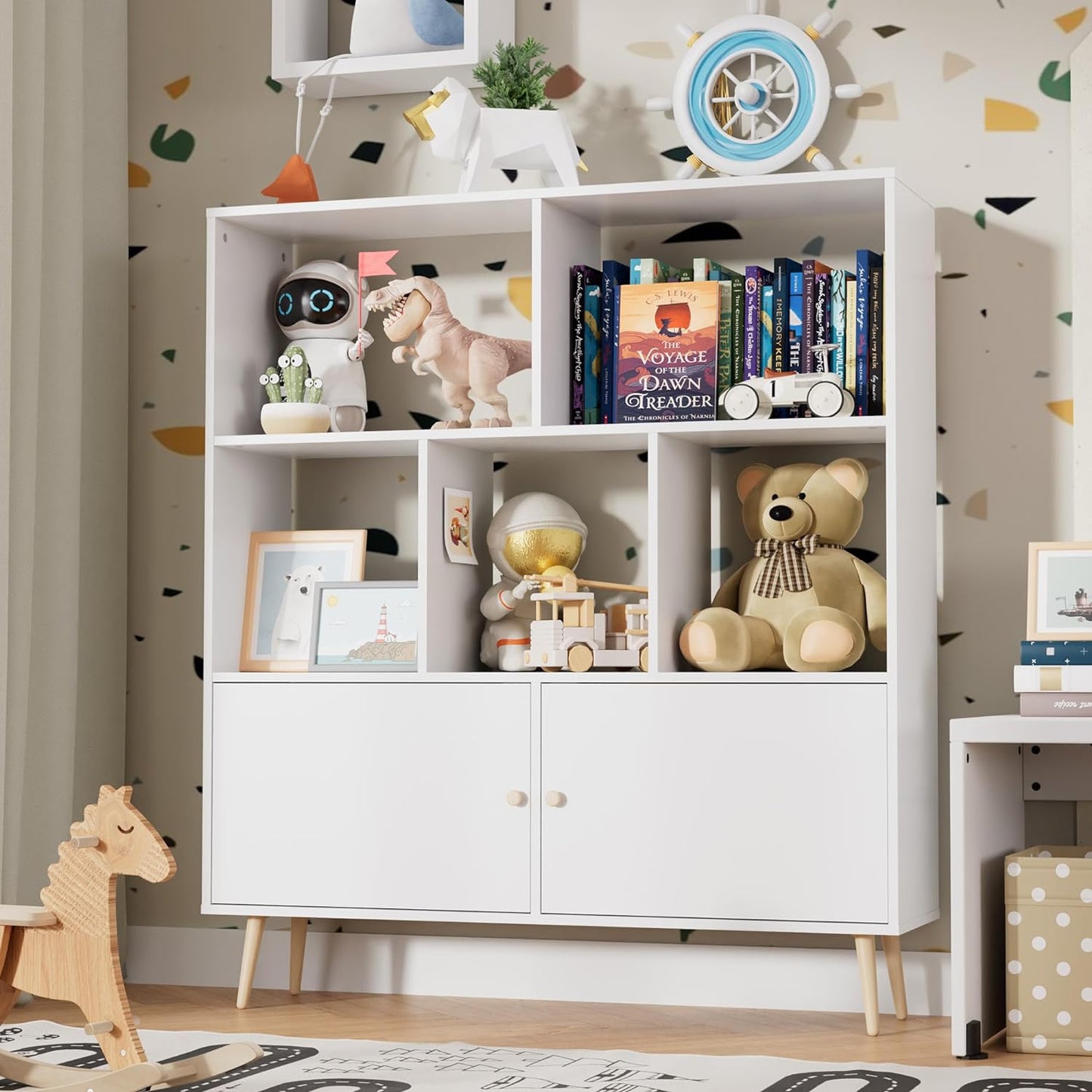 Cube Bookshelf, Mid-Century Modern Bookcase, 3 Tier Bookshelf with Doors, Storage Display Cabinet, Wood Bookshelf Organizer, Bookshelf for Bedroom, Living Room, Office