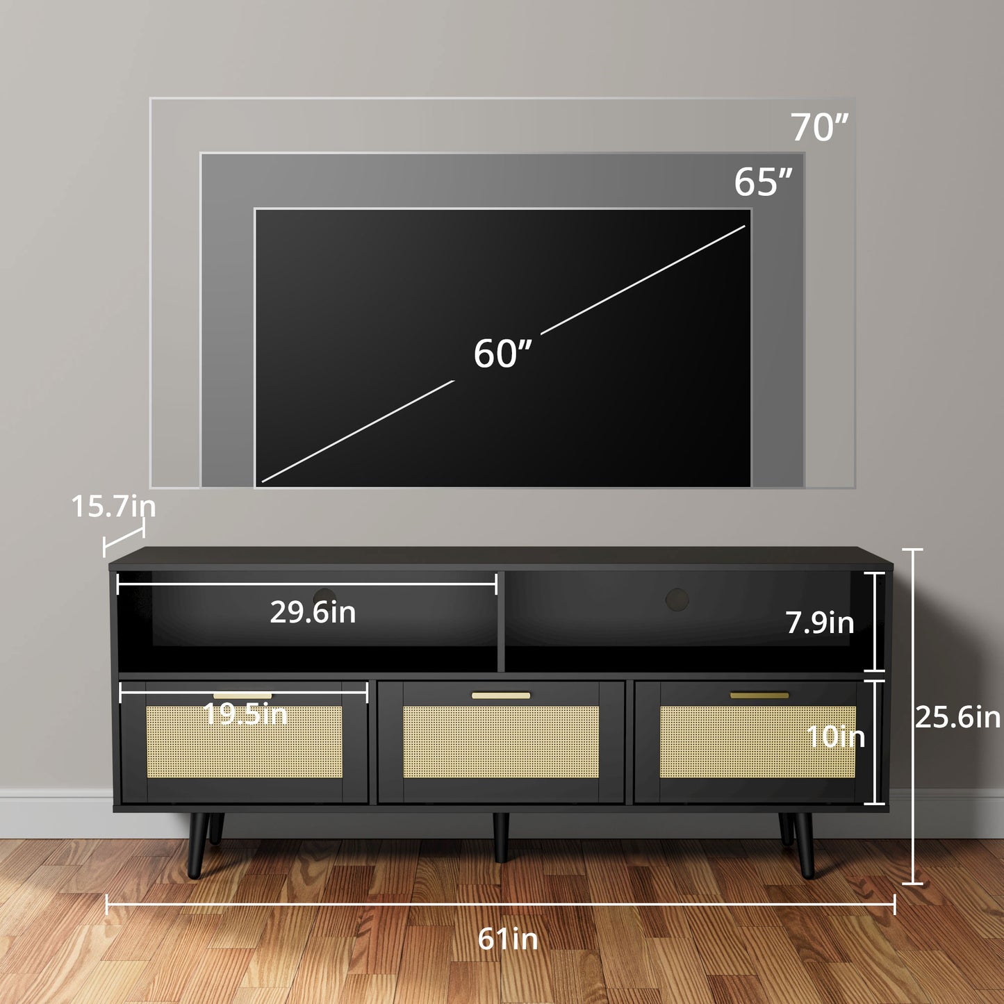 Cozy Castle Rattan TV Stand with Storage for 65/70 Inch TV