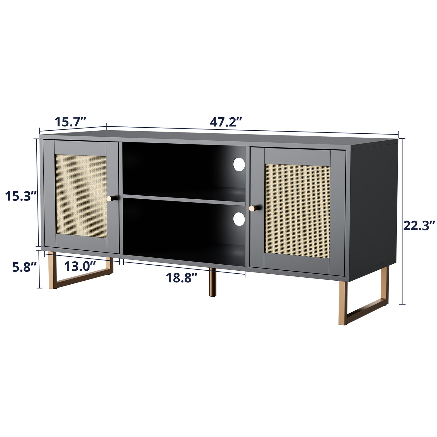 Rattan TV Stand for 50/55 inch TV, Entertainment Center with Golden Legs and Metals