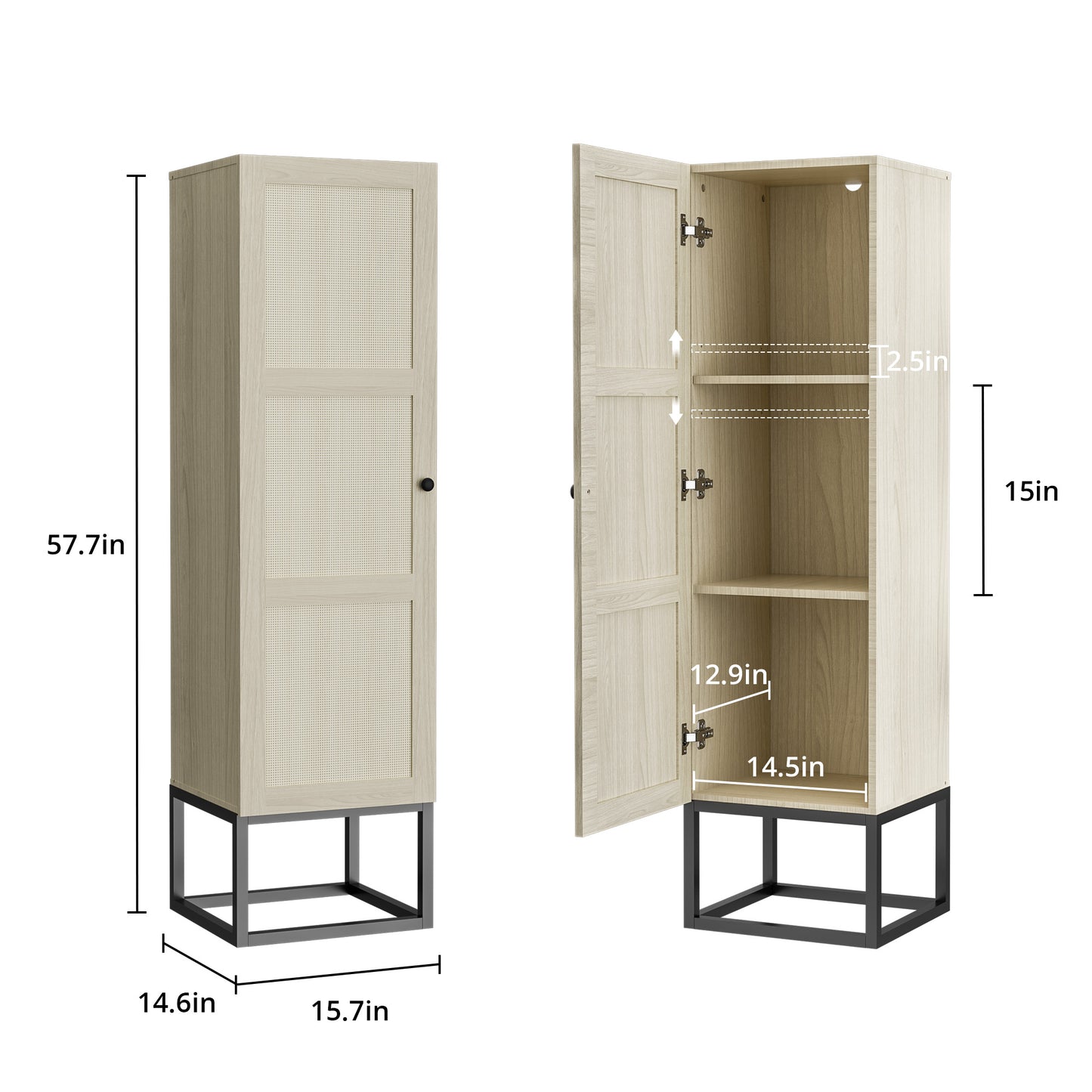 Cozy Castle 58" Rattan Oak Storage Cabinet with Door and Adjustable Shelves