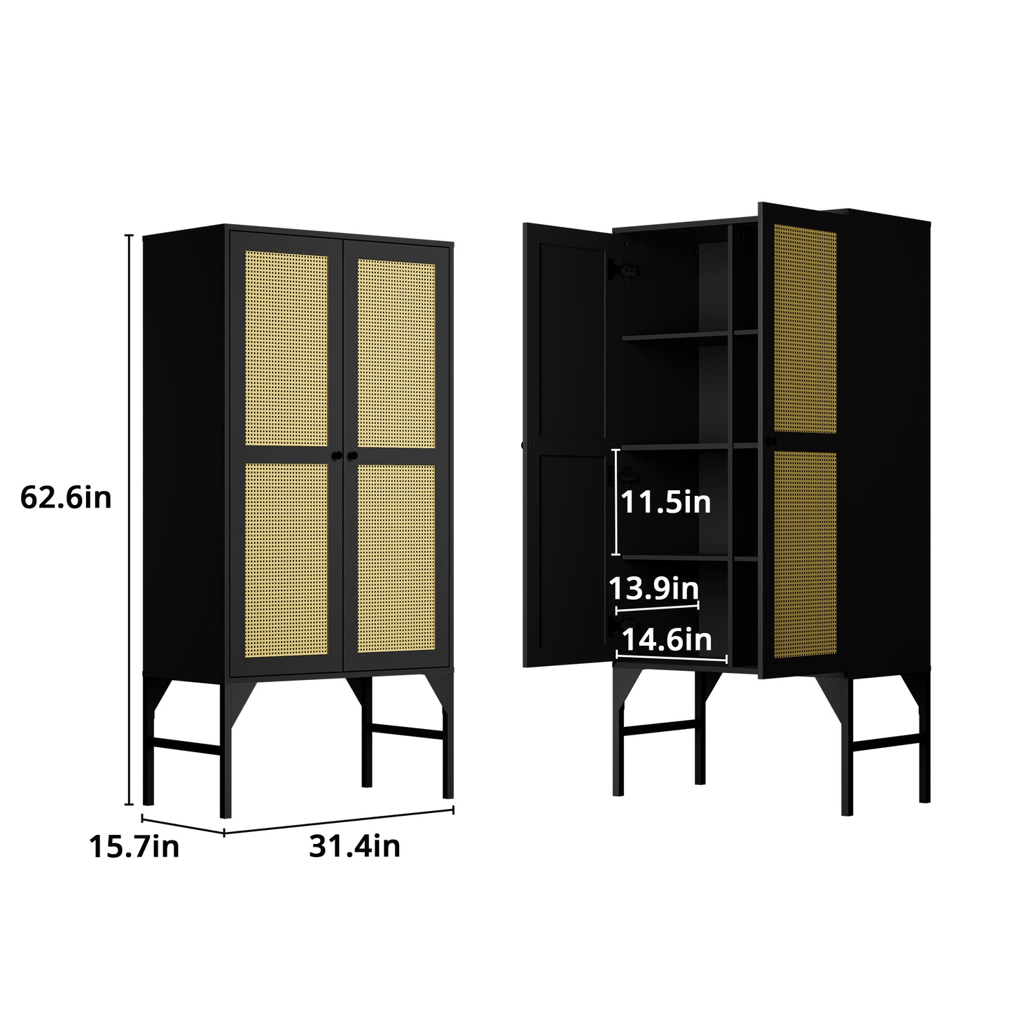 63" Rattan Storage Cabinet with Doors and Adjustable Shelves