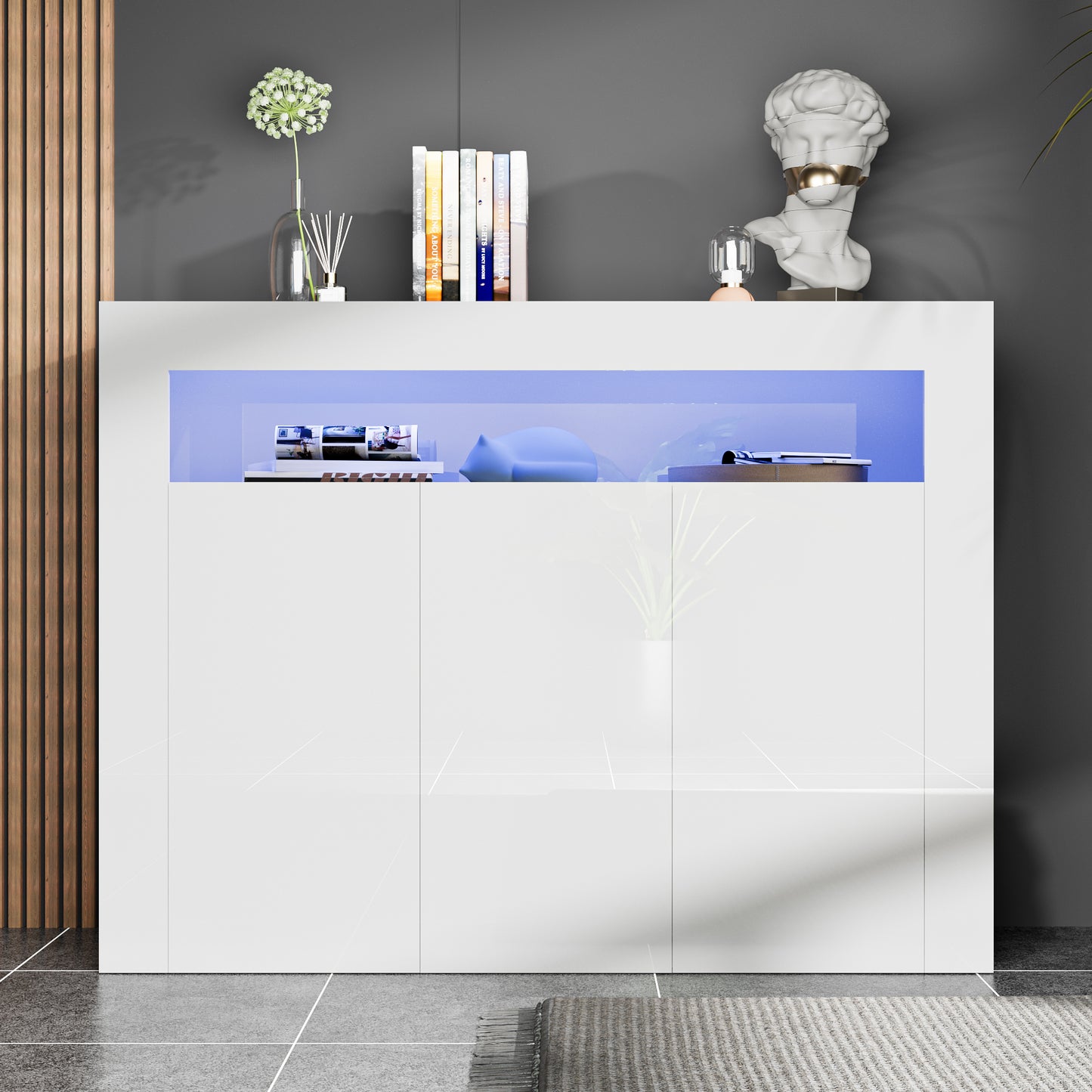 Modern Buffet Cabinet with LED Lights, High Glossy Sideboard Storage Cabinet with 3 Doors and Adjustable Shelf