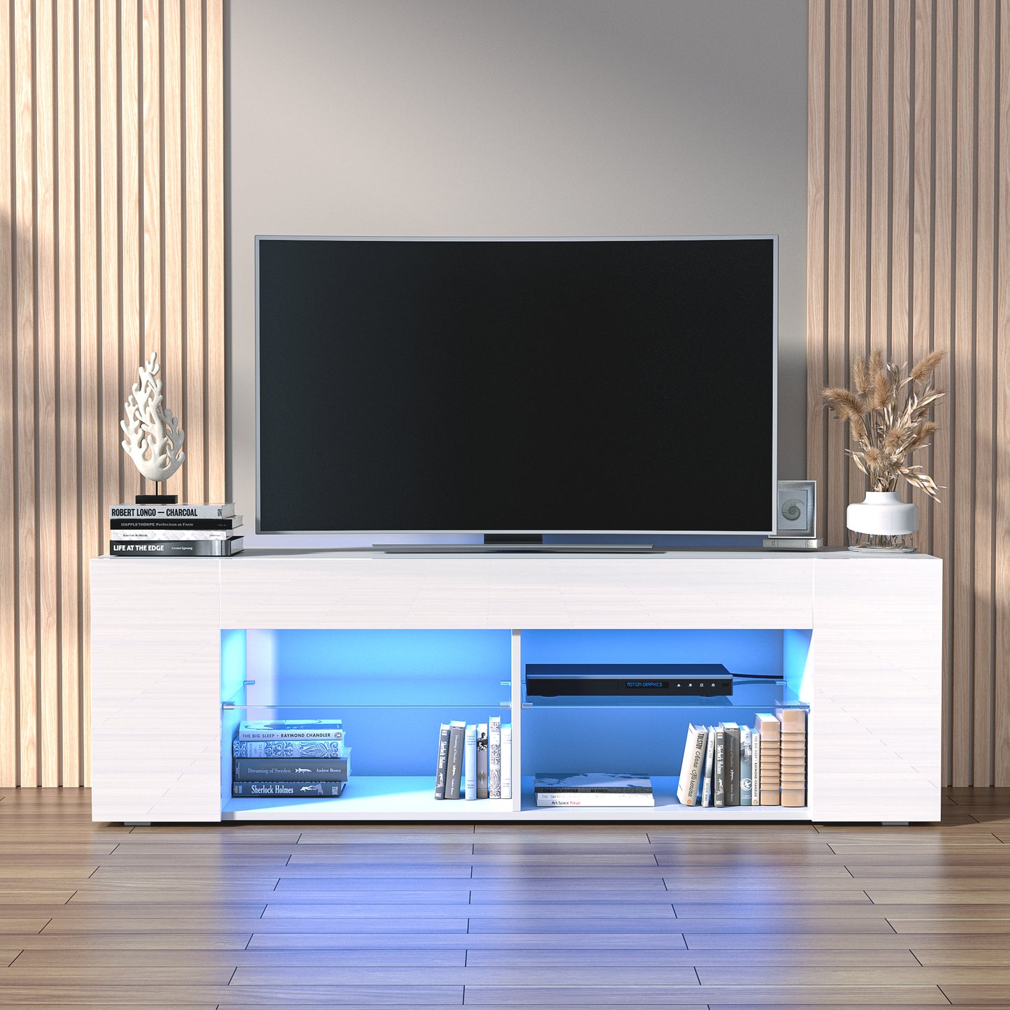 White TV Stand for 50/55/60/65 Inch TV, Media Console Tables with High Gloss Modern Style, LED Entertainment Center for Living Room with Large Storage