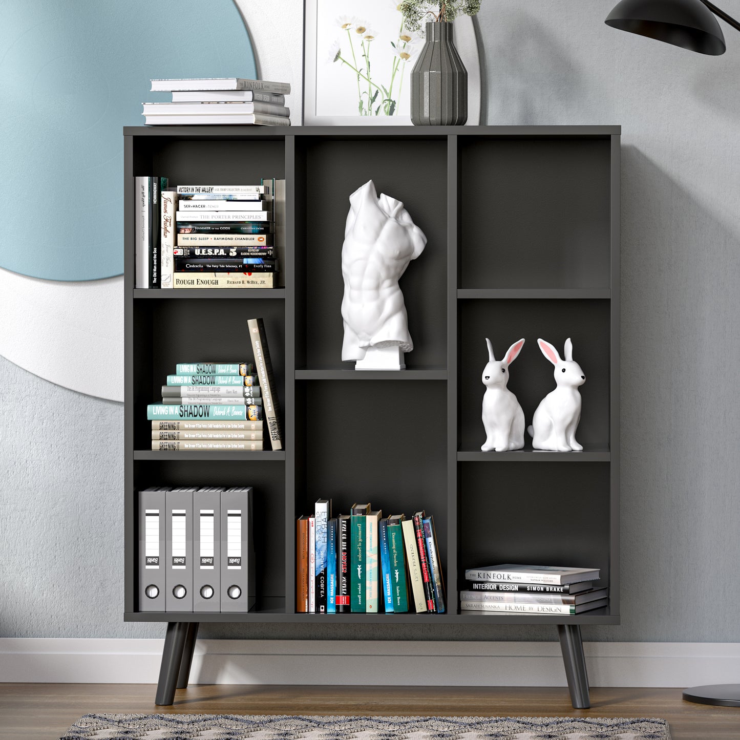 Black Small Bookshelf, Wood 8 Cube Storage Organizer Book Shelves with Anti-Tilt Device, Freestanding Modern Bookcase for Bedroom, Office, Living Room