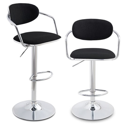 Bar Stools Set of 2, Counter Height Bar Stools with Back and Armrest, Fabric Adjustable Bar Stool Chair, Swivel Metal Bartools for Kitchen Counter, Black