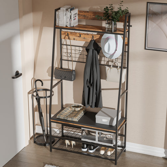 Coat Rack, Hall Tree with Shoe Bench for Entryway, 5-in-1 Design Clothes Rack with Shoe Storage and DIY Hooks, Industrial Accent Furniture with Metal Frame, Cushion Included, Rustic Brown