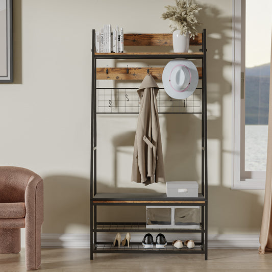 Coat Rack, Hall Tree with Shoe Bench for Entryway, 5-in-1 Design Clothes Rack with Shoe Storage and DIY Hooks, Industrial Accent Furniture with Metal Frame, Cushion Included, Rustic Brown