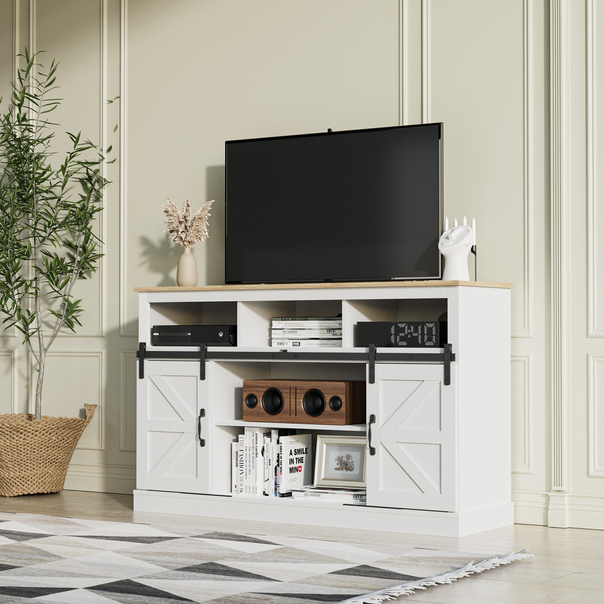 Farmhouse TV Stand for 55/60/65 Inch TV, Sliding Barn Door Television ...