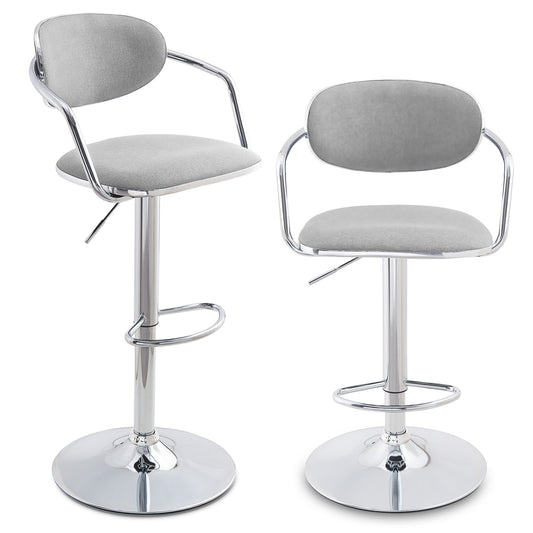 Bar Stools Set of 2, Counter Height Bar Stools with Back and Armrest, Fabric Adjustable Bar Stool Chair, Swivel Metal Bartools for Kitchen Counter, Light Grey