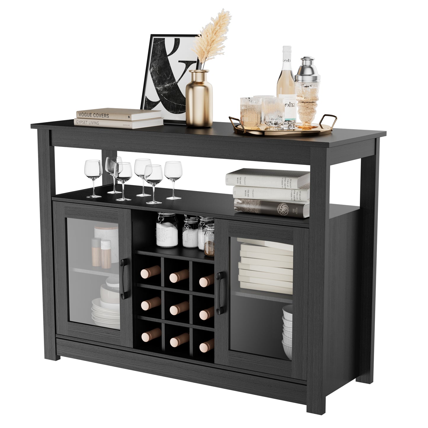Buffet Sideboard, Freestanding Buffet Storage Cabinet, Wine Liquor Bar Buffet Cabinet with Removable Wine Rack for Kitchen, Living Room, Dining Room, Black