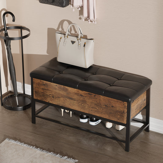 Industrial Storage Bench, Shoe Rack Bench, Bed End Stool with Padded Seat and Metal Shelf, Entryway Bench with Lift Top Storage Box, Shoe Rack Organizer for Bedroom, Hallway, Vintage Brown