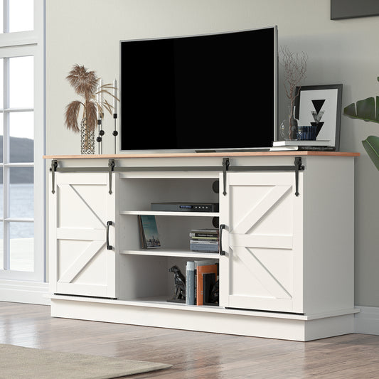 Cozy Castle Farmhouse TV Stand for 60/65/70 Inch TV, Sliding Barn Door Television Stands, Wood Entertainment Center with Adjustable Shelves, TV Console Tables for Living Room, Bedroom, White & Oak