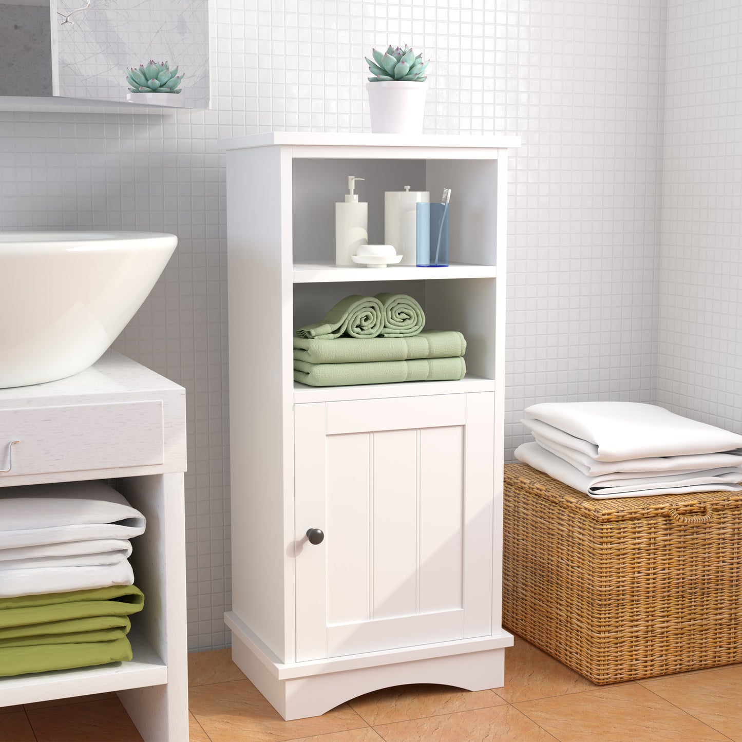 White Small Bathroom Storage Cabinet, Narrow Narrow End Table Side Table Cabinet with Door and Drawer, Freestanding Bathroom Floor Cabinet