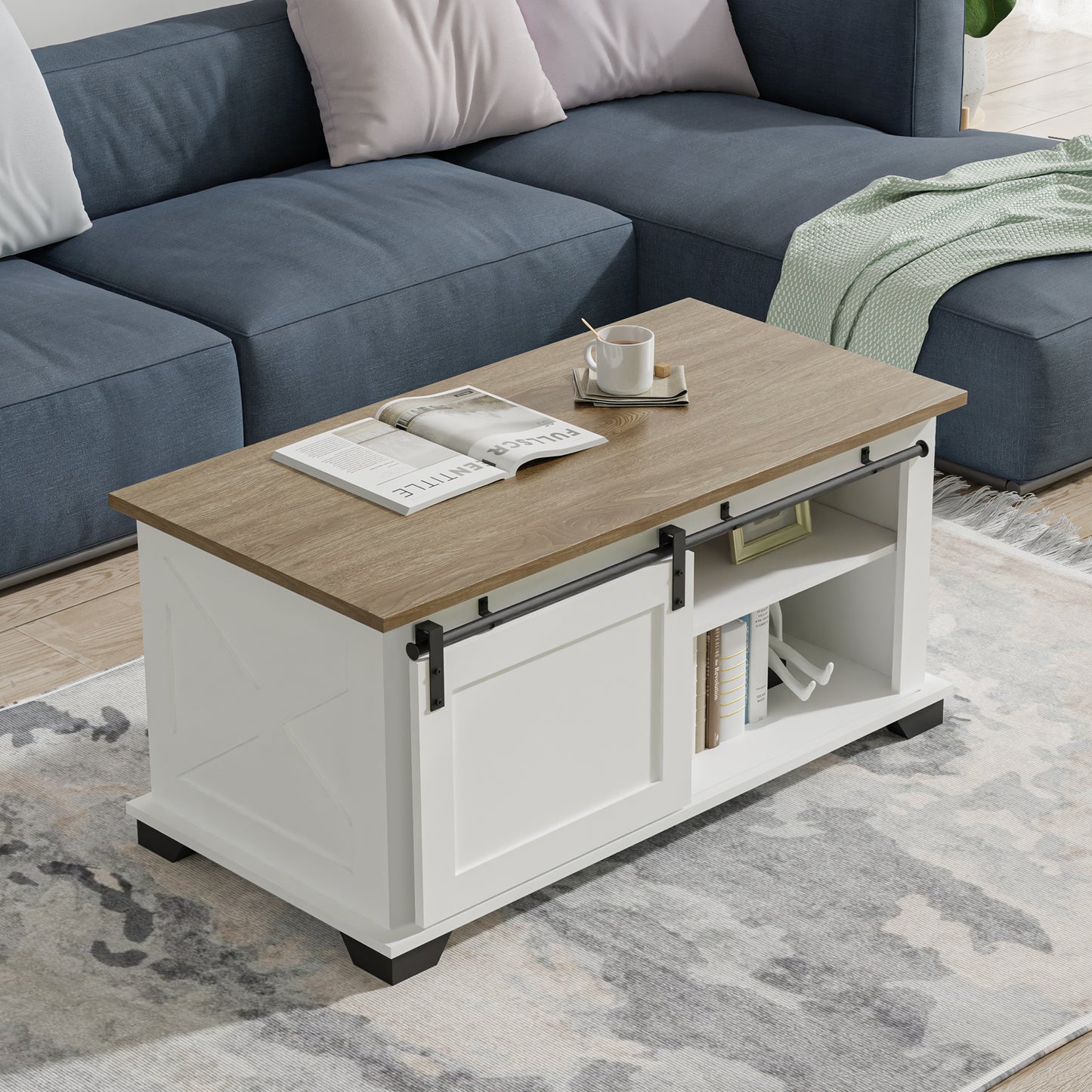 White Farmhouse Coffee Table, Modern Living Room Table with Storage Shelf and Sliding Barn Door for Living Room