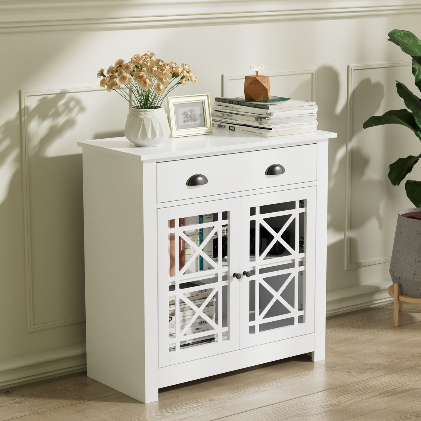 Kitchen Storage Cabinet with Doors and Adjustable Shelf, 31.4" W x 31.4" H Freestanding Buffet Sidebord, Accent Cabinet for Kitchen, Dining Room, White