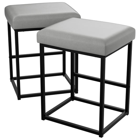 Bar Stool Set of 2, Modern Counter Height Bar Stools, 24 Inch Island Chairs for Kitchen Counter, Metal Base with PU Leather Cushion, Light Grey