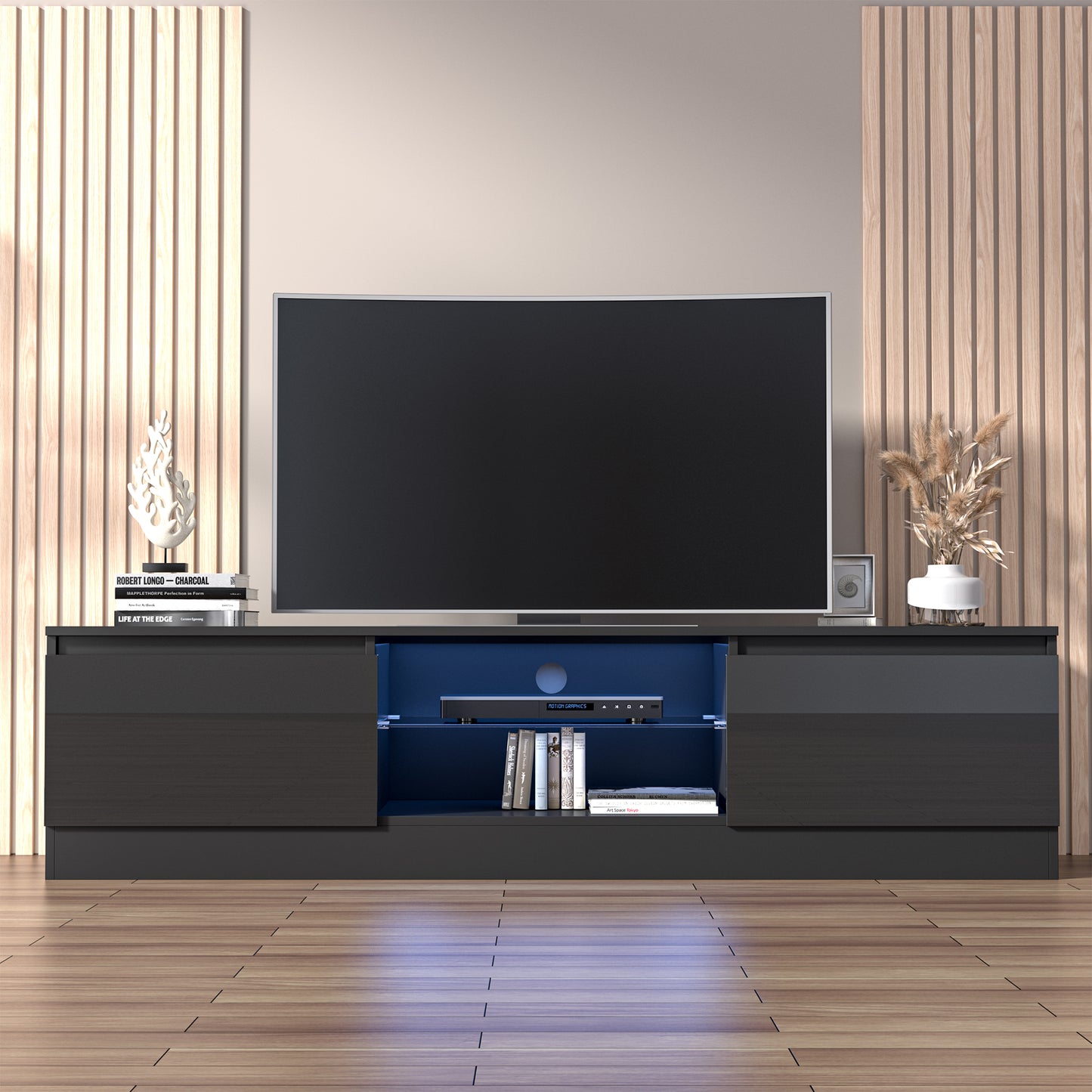 TV Stand for 55/60/65/70 Inch TV, Media Console Tables with High Gloss Modern Style, LED Entertainment Center for Living Room with Large Storage