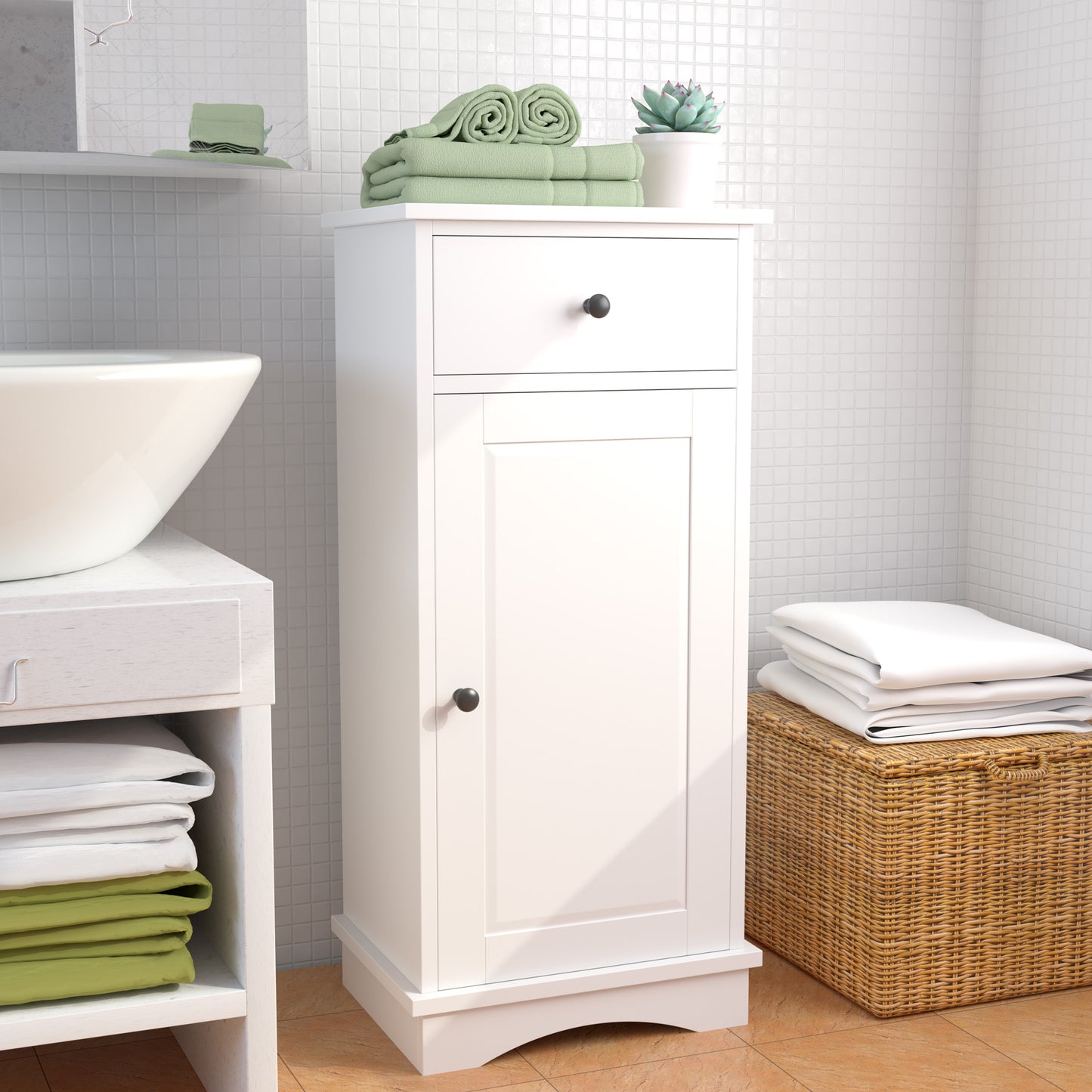 White Small Bathroom Storage Cabinet, Narrow Narrow End Table Side Table Cabinet with Door and Drawer, Freestanding Bathroom Floor Cabinet