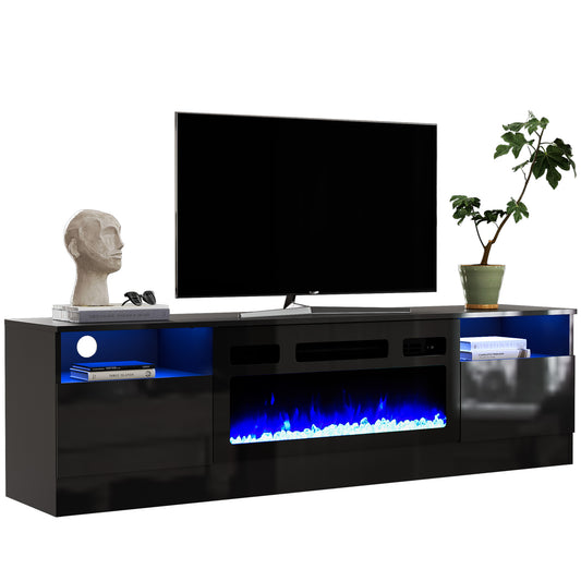Fireplace TV Stand for 75 inch TV, LED TV Entertainment Center with 30" Electric Fireplace, High Gloss Modern Television Stand