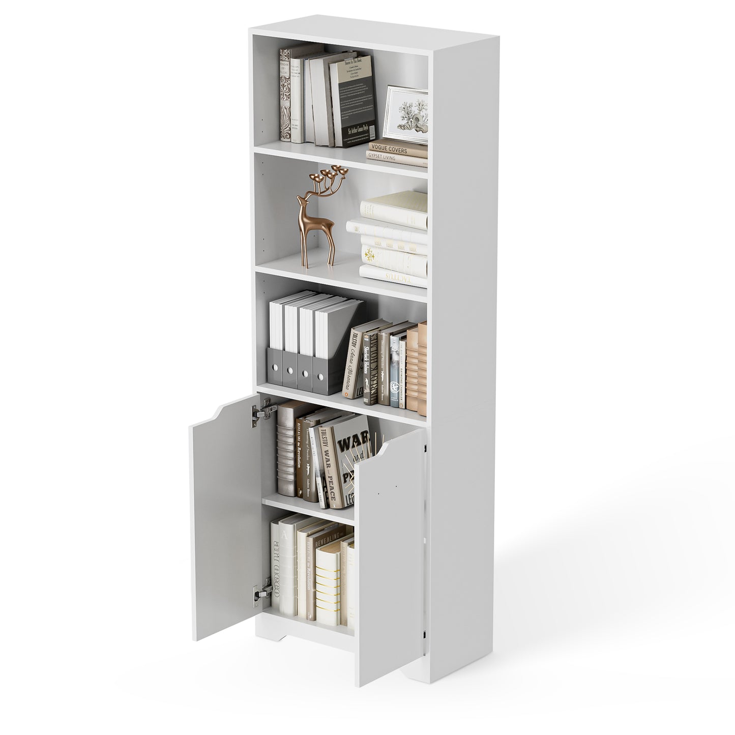 Bookcase with Doors, Storage Organizer Cabinet with 3 Open Shelves, Book Shelf Free Standing Floor Cabinet for Home Office, White