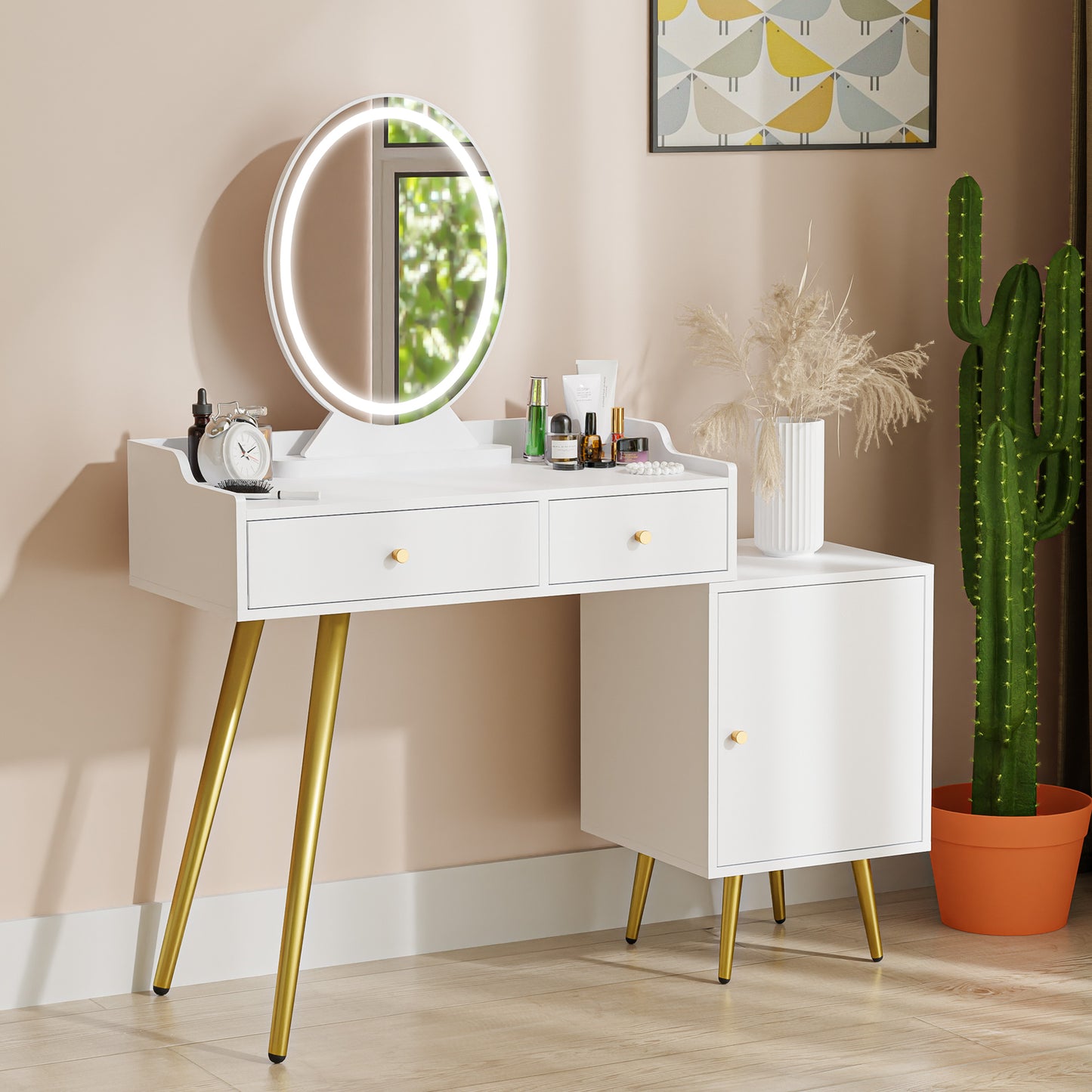 White Vanity Desk with Lighted Mirror, Makeup Vanity Table with Drawers and Adjustable Cabinet, Dressing Table Without Chair for Makeup Room, Bedroom