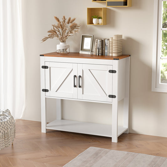 Farmhouse Coffee Bar Cabinet, Buffet Table with 2 Doors, Accent Buffet Storage Cabinet for Entryway, Kitchen, Bathroom, White