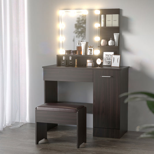 Black Vanity Table with DIY Lighted Mirror, Makeup Vanity Table Set with Drawer and Storage Cabinet, Dressing Table with Vanity Cushioned Stool for Bedroom, Makeup Room