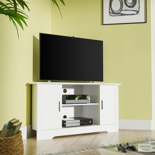 White Small Corner TV Stand for 50 Inch TV, Wood Corner TV Cabinet with Doors, Corner Enterainment Center for Bedroom, Living Room