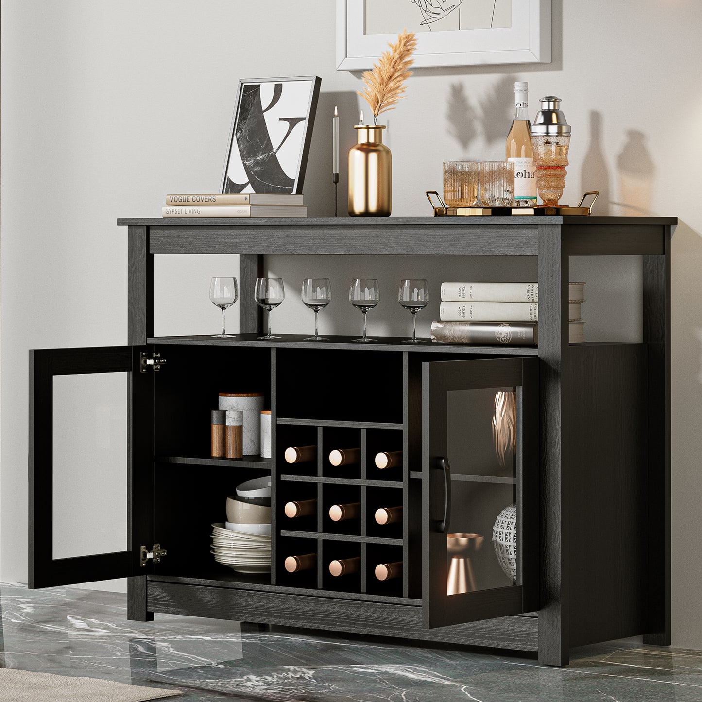 Buffet Sideboard, Freestanding Buffet Storage Cabinet, Wine Liquor Bar Buffet Cabinet with Removable Wine Rack for Kitchen, Living Room, Dining Room, Black
