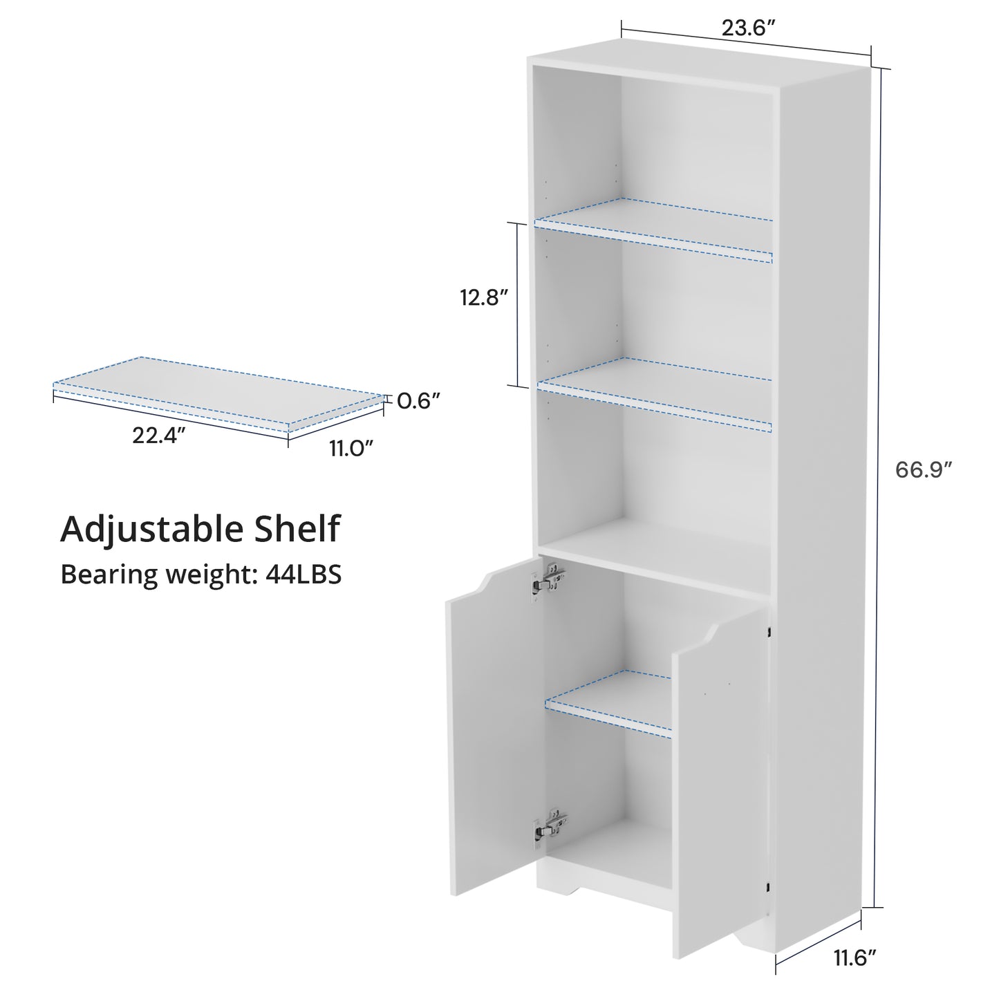 Bookcase with Doors, Storage Organizer Cabinet with 3 Open Shelves, Book Shelf Free Standing Floor Cabinet for Home Office, White