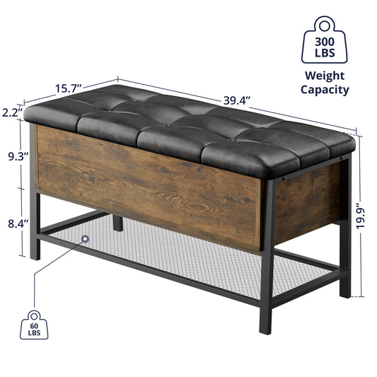 Industrial Storage Bench, Shoe Rack Bench, Bed End Stool with Padded Seat and Metal Shelf, Entryway Bench with Lift Top Storage Box, Shoe Rack Organizer for Bedroom, Hallway, Vintage Brown