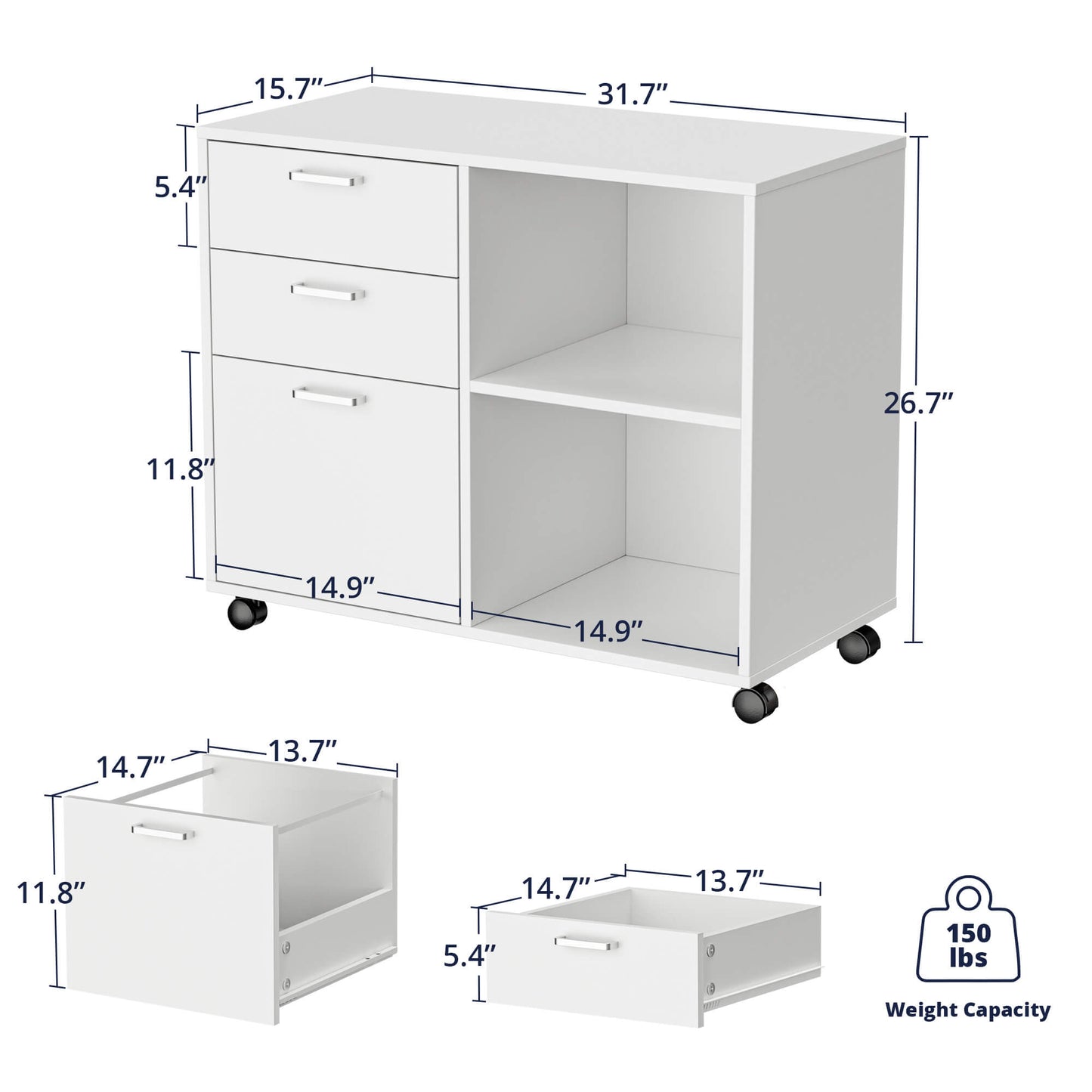 3-Drawer File Cabinet, White