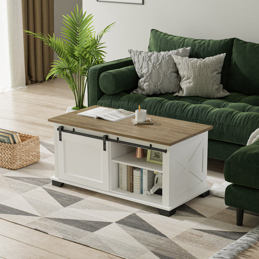 White Farmhouse Coffee Table, Modern Living Room Table with Storage Shelf and Sliding Barn Door for Living Room
